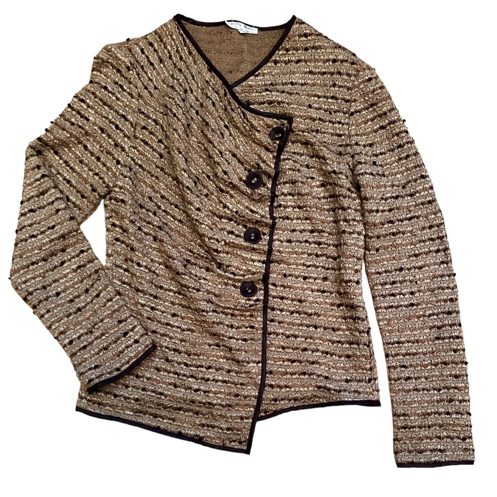 Alberto Makali Asymmetric Sweater Cardigan Boucle Tweed Texture Sz Large Button
